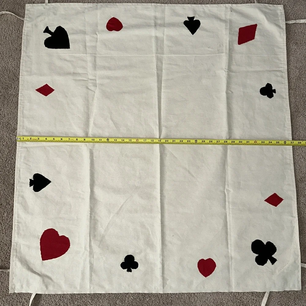 Vtg Square Card Table Cloth Hand Appliqué Spades‎ Clubs Diamonds Hearts Straps